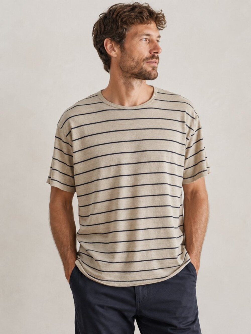 Alex Crane Sun Tee Lines 100% European Linen Shirt Men L Portugal